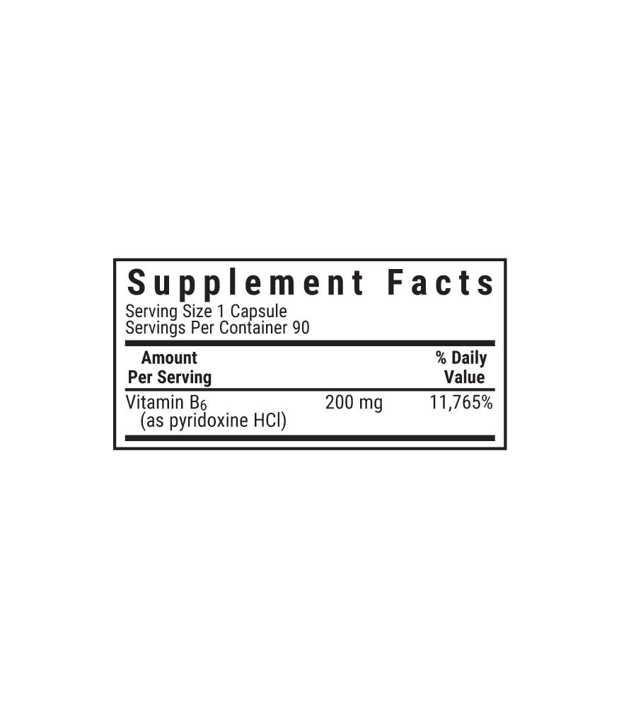 Bluebonnet’s Vitamin B6 200 mg Vegetable Capsules supplement facts panel