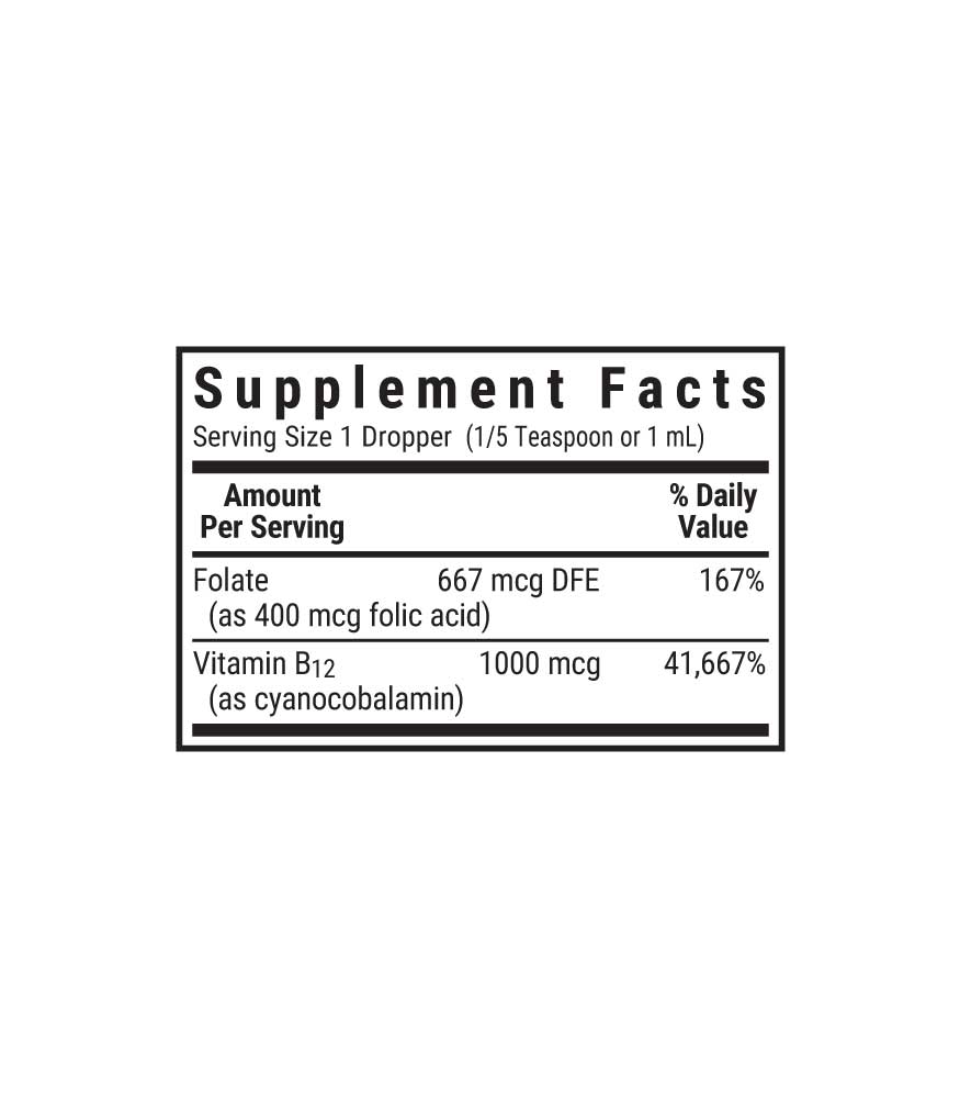 Bluebonnet’s Liquid Vitamin B12 & Folic Acid raspberry flavor drops, supplement facts panel