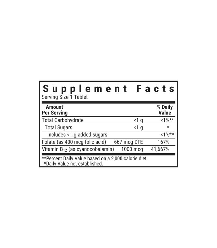 Bluebonnet’s EarthSweet Chewables Vitamin B12 & Folic Acid chewable raspberry flavored Tablets supplement facts panel