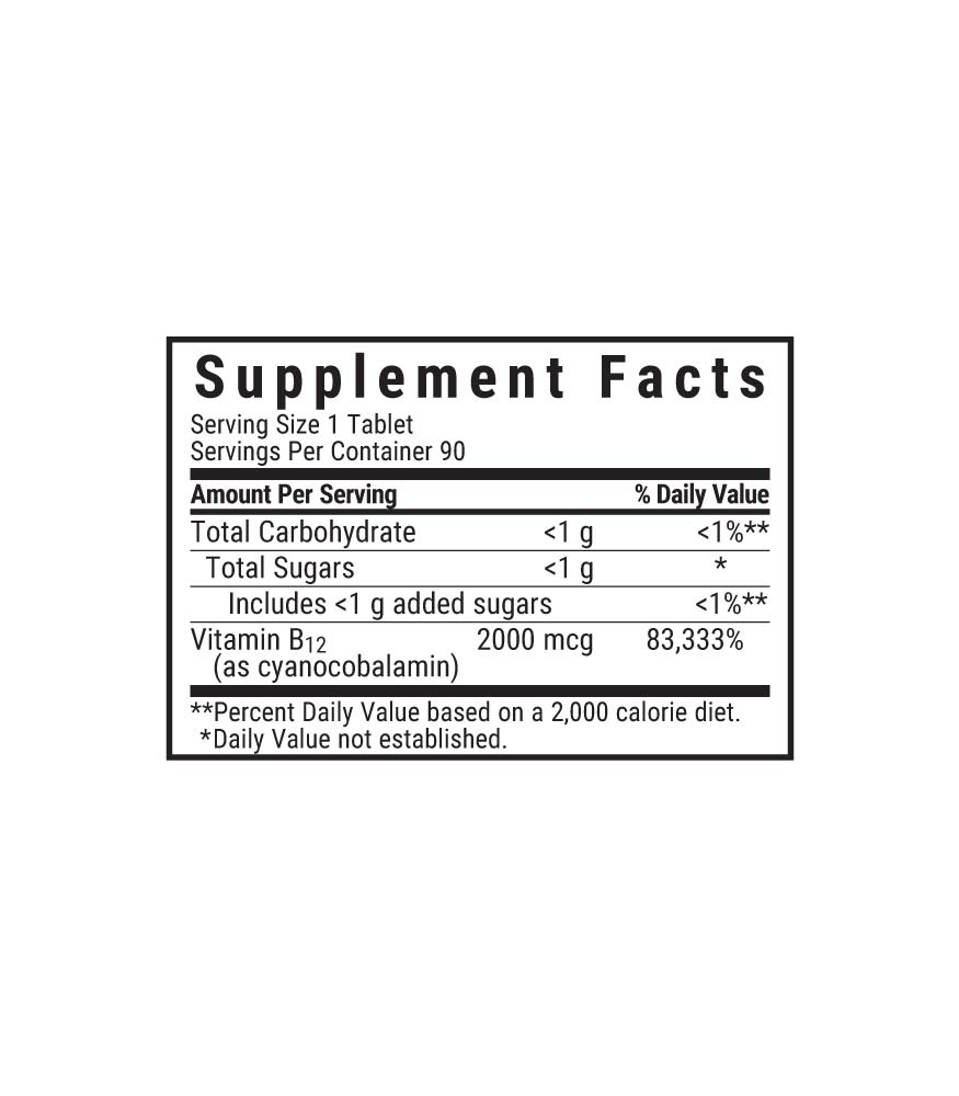 Bluebonnet’s EarthSweet Chewables Vitamin B12 2000 mcg raspberry flavored chewable Tablets supplement facts panel
