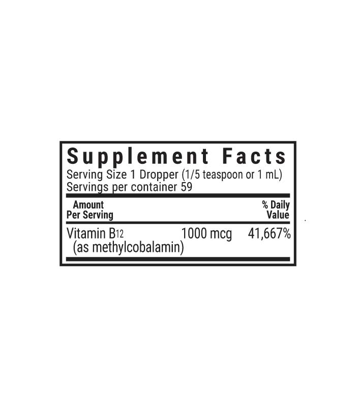 Bluebonnet’s Liquid CellularActive Methylcobalamin Vitamin B12 1000 mcg raspberry flavored drops, supplement facts panel