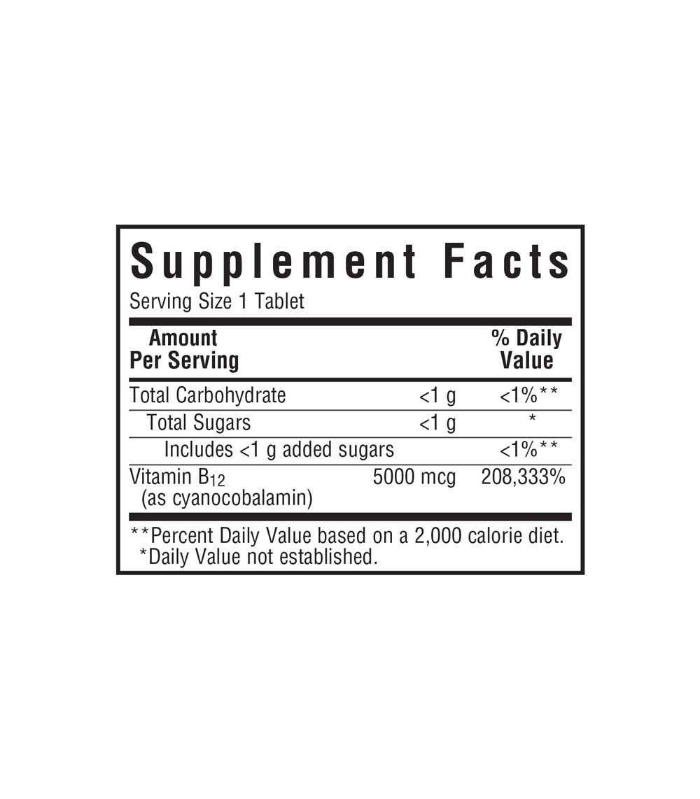 Bluebonnet’s EarthSweet Chewables Vitamin B12 5000 mcg raspberry flavored chewable Tablets, supplement facts panel