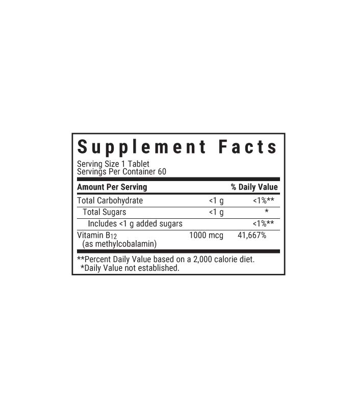 Bluebonnet’s EarthSweet Chewables CellularActive Methylcobalamin 1000 mcg raspberry flavored chewable Tablets, supplement facts panel