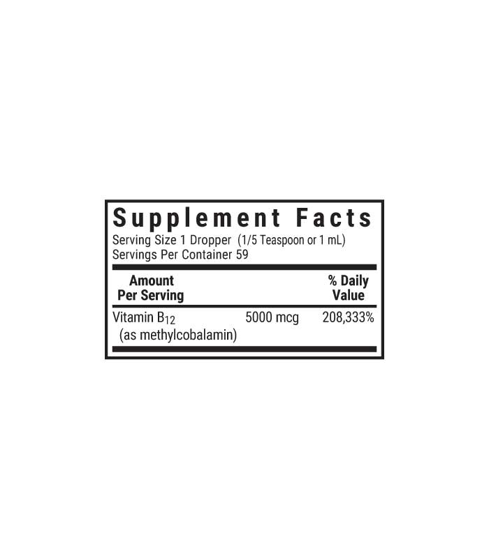 Bluebonnet’s Liquid CellularActive Methylcobalamin Vitamin B12 5000 mcg, raspberry flavored drops, supplement facts panel