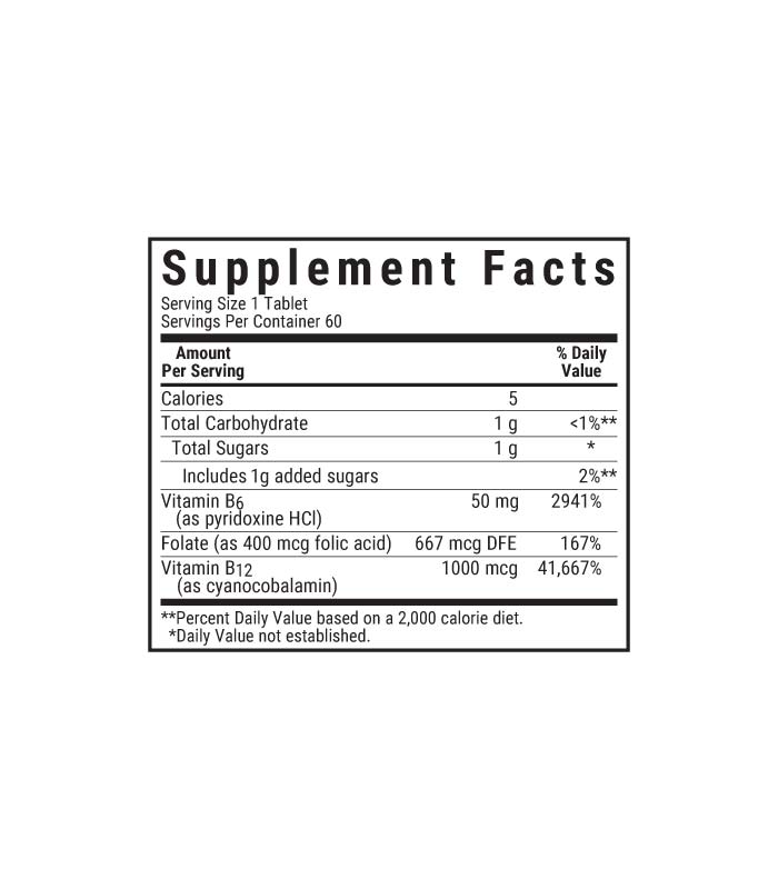 Bluebonnet's EarthSweet Chewables Vitamin B6, B12 and Folic Acid raspberry flavored Tablets, supplement facts panel