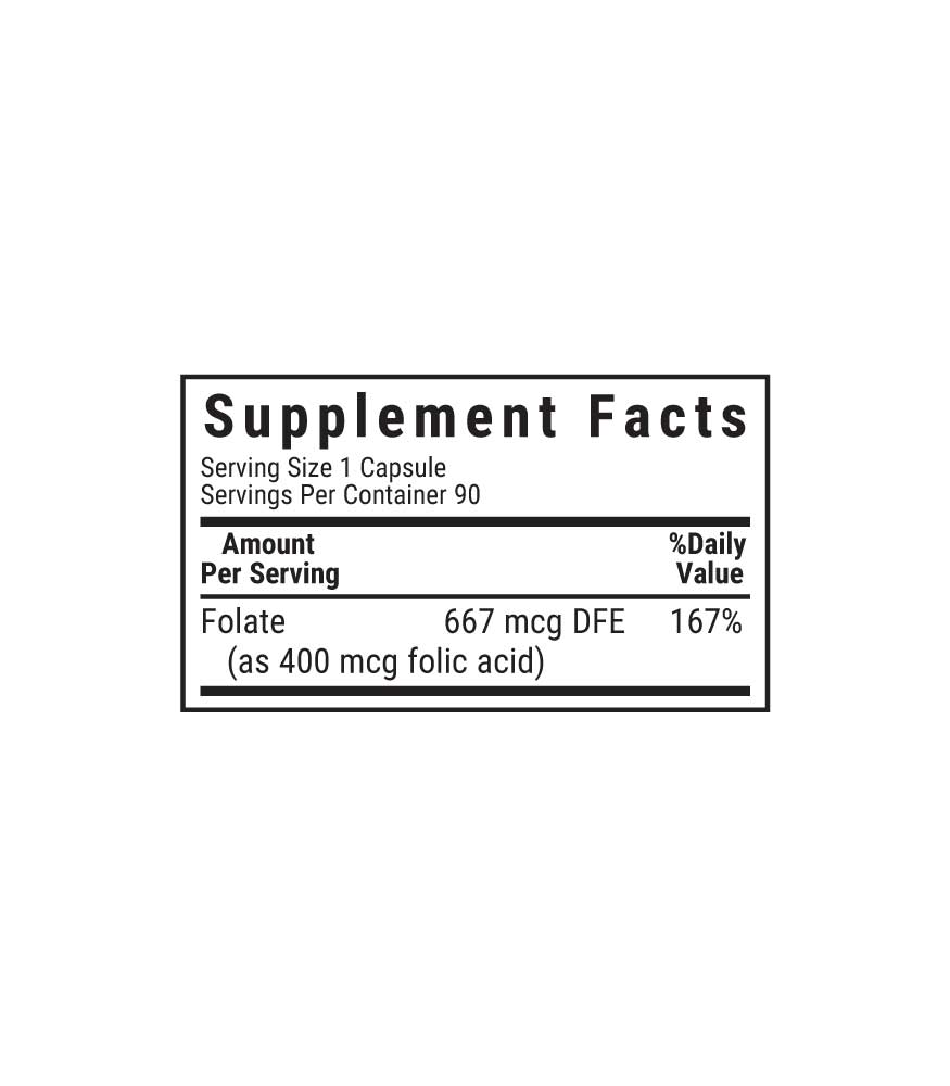 Bluebonnet’s Folic Acid 400 mcg Vegetable Capsules, supplement facts panel