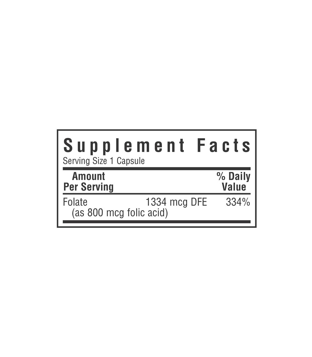 Bluebonnet’s Folic Acid 800 mcg Vegetable Capsules, supplement facts panel