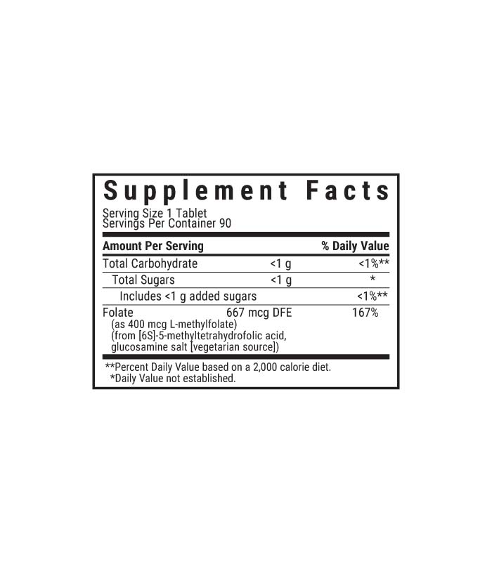 Bluebonnet’s EarthSweet Chewables CellularActive Methylfolate 400 mcg raspberry flavored chewable tablets, supplement facts panel