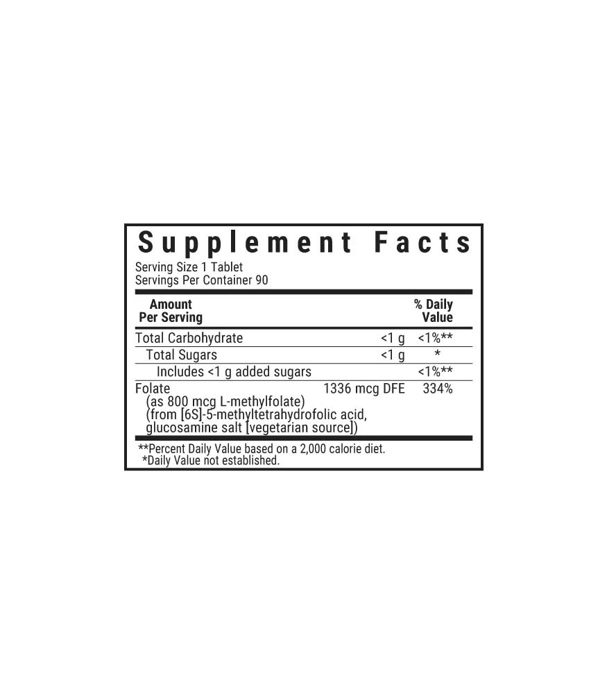 Bluebonnet’s EarthSweet Chewables CellularActive Methylfolate 800 mcg 90 raspberry flavored chewable tablets, supplement facts panel