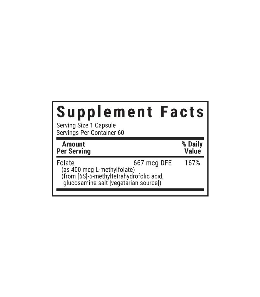 Bluebonnet’s CellularActive Methylfolate 400 mcg Vegetable Capsules label, supplement facts panel
