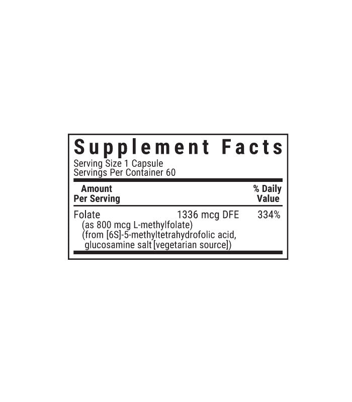 Bluebonnet’s CellularActive Methylfolate 800 mcg Vegetable Capsules supplement facts panel