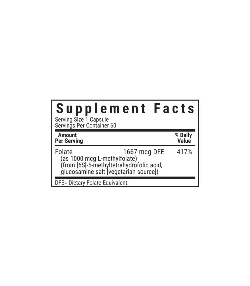 Bluebonnet’s CellularActive Methylfolate 1000 mcg Vegetable Capsules supplement facts panel