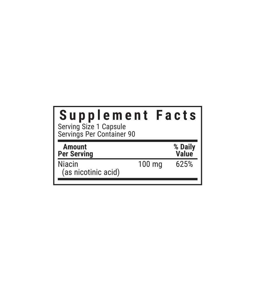 Bluebonnet’s Niacin 100 mg Vegetable Capsules supplement facts panel