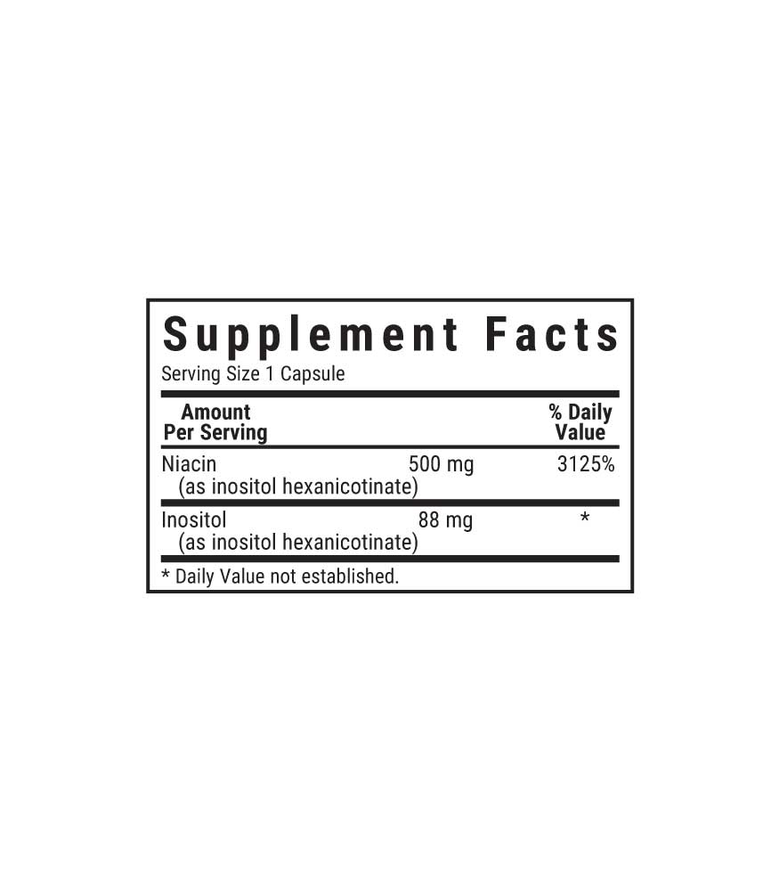 Bluebonnet’s Flush-Free Niacin 500 mg Vegetable Capsules supplement facts panel