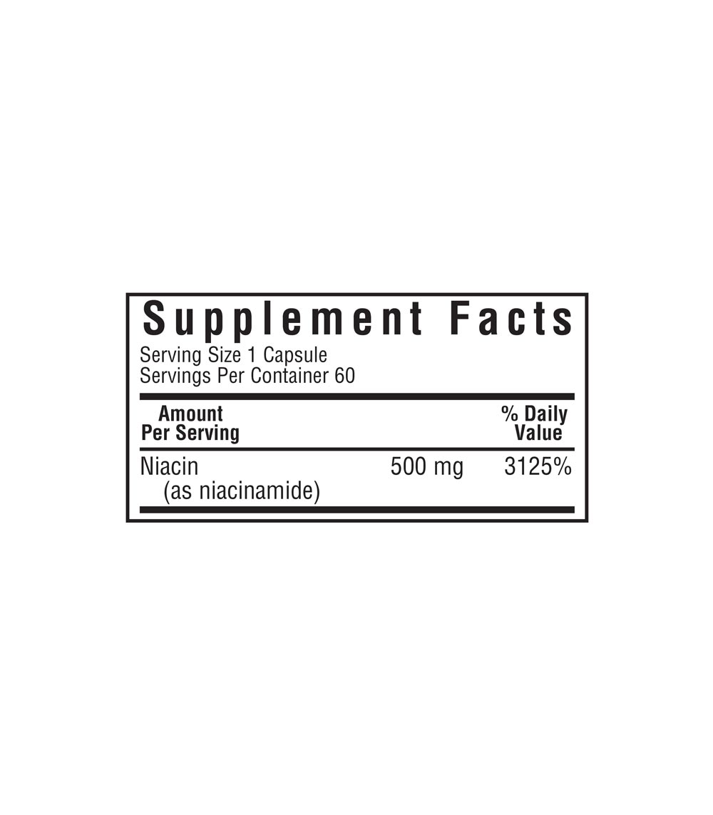 Bluebonnet’s Niacinamide 500 mg Vegetable Capsules supplement facts panel