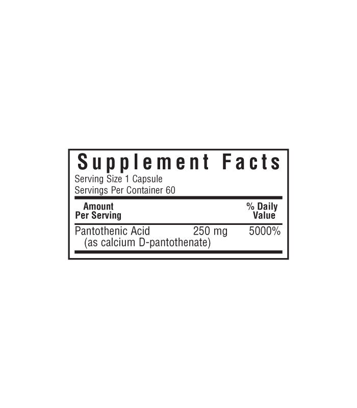 Bluebonnet’s Pantothenic Acid 250 mg Vegetable Capsules supplement facts panel
