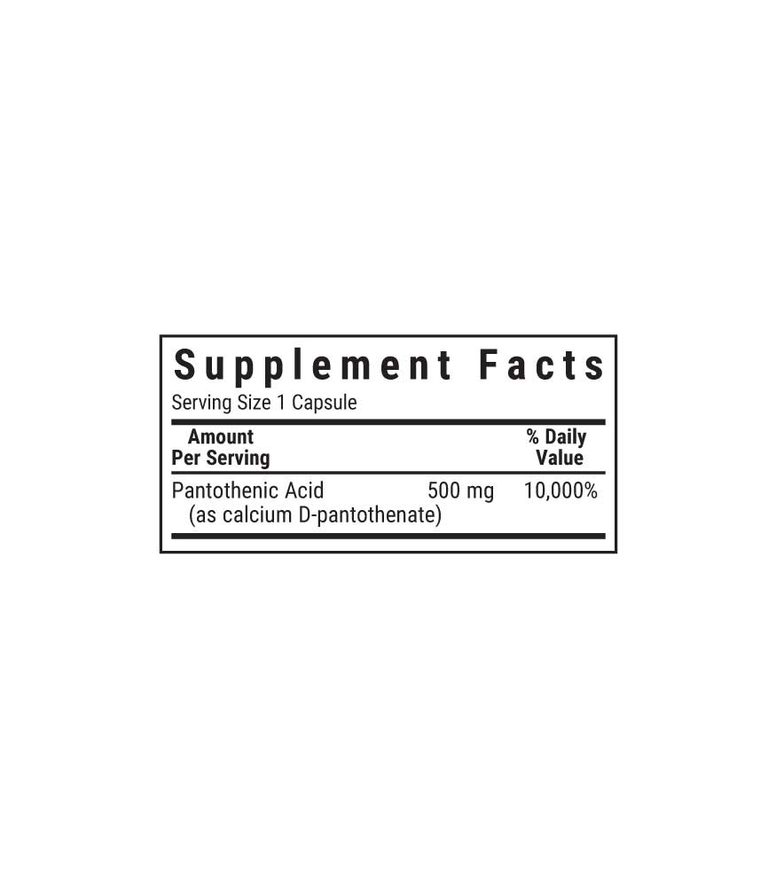 Bluebonnet’s Pantothenic Acid 500 mg Vegetable Capsules supplement facts panel