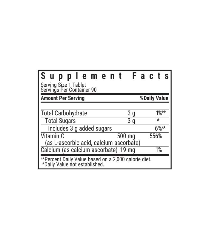 Bluebonnet’s EarthSweet Chewables Vitamin C 500 mg orange flavored chewable tablets, supplement facts panel
