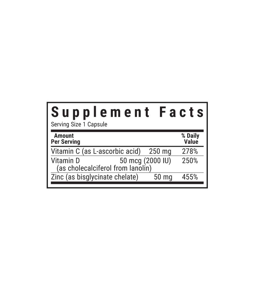 Bluebonnet’s Vitamin C, D3 & Zinc Vegetable Capsules, supplement facts panel
