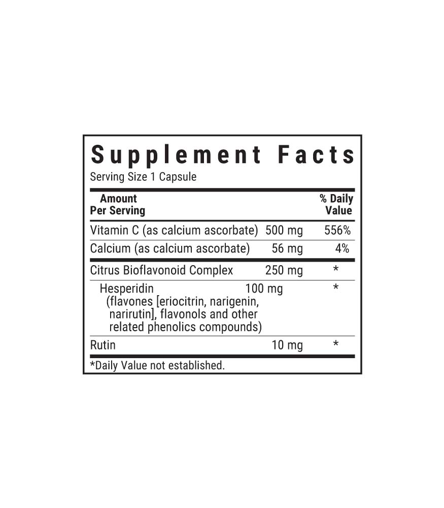 Bluebonnet’s Buffered Vitamin C-500 mg Vegetable Capsules, supplement facts panel