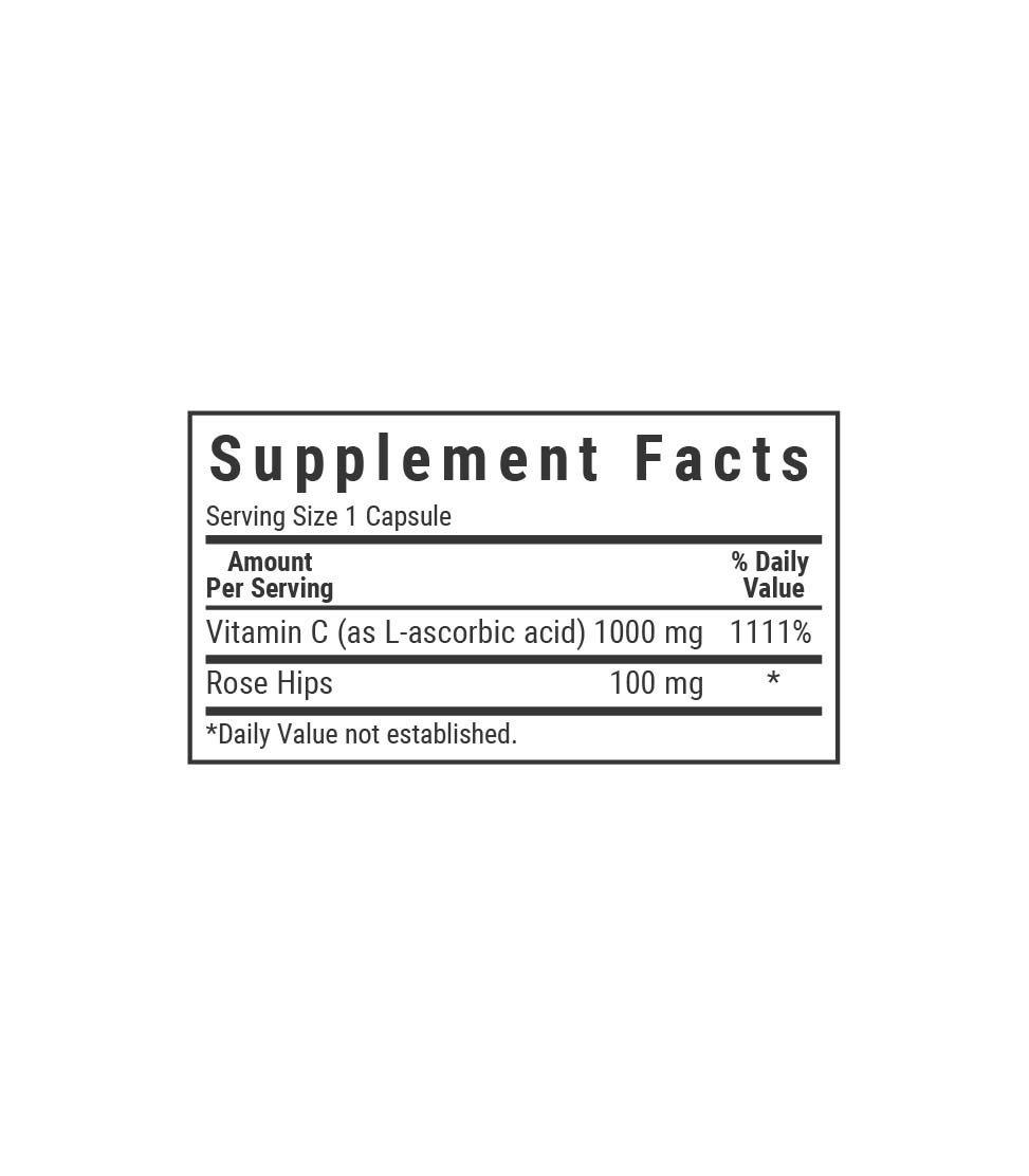 Bluebonnet’s Vitamin C-1000 mg & Rose Hips Vegetable Capsules, supplement facts panel