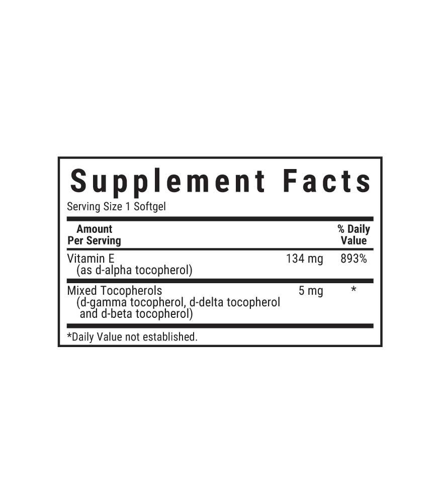 Bluebonnet’s Vitamin E 200 lU (134 mg) Softgels, supplement facts panel