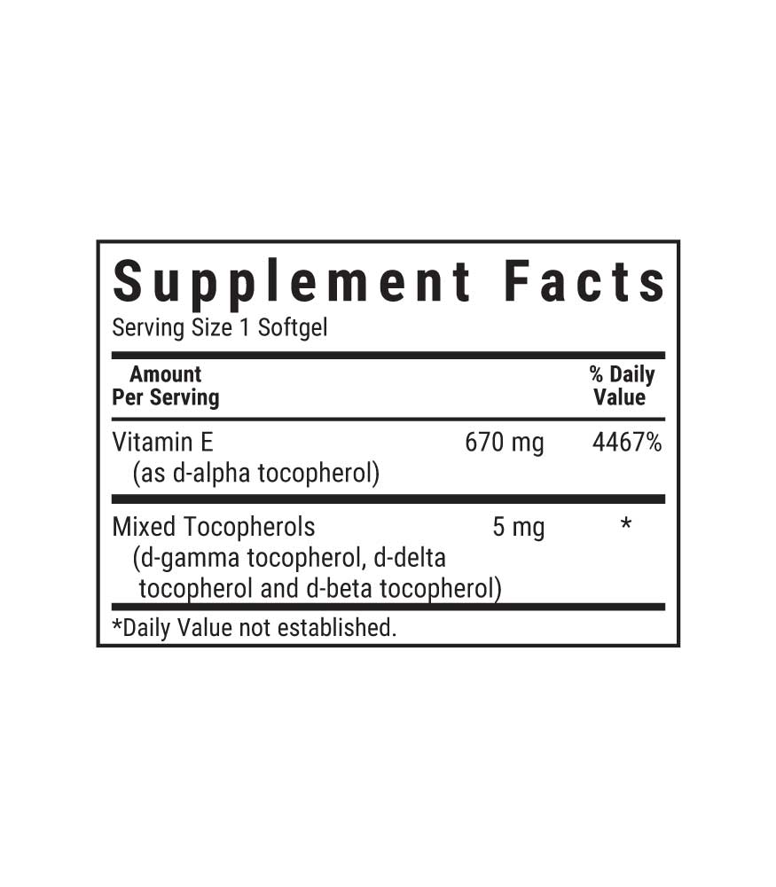 Bluebonnet’s Vitamin E 1000 lU (670 mg) Softgels, supplement facts panel
