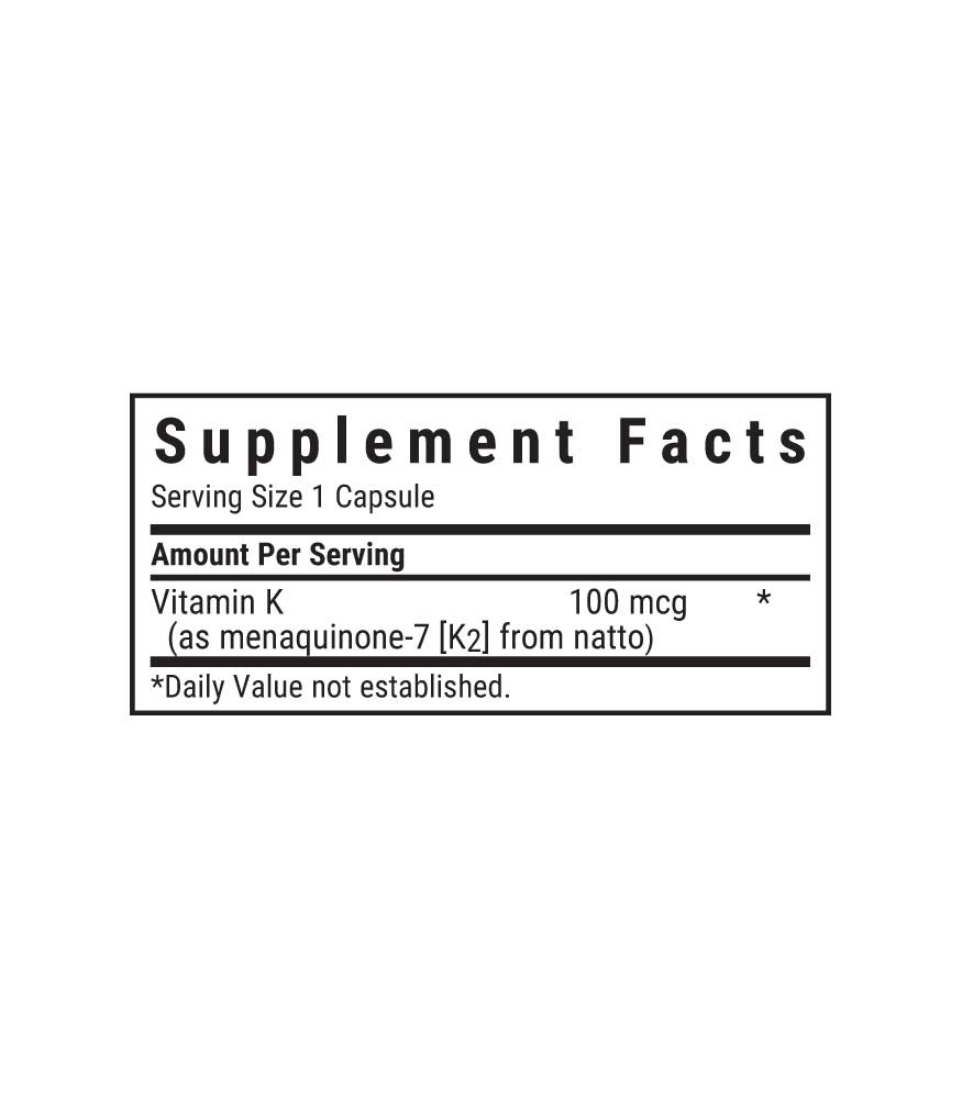 Bluebonnet’s Vitamin K2 100 mcg Vegetable Capsules, supplement facts panel