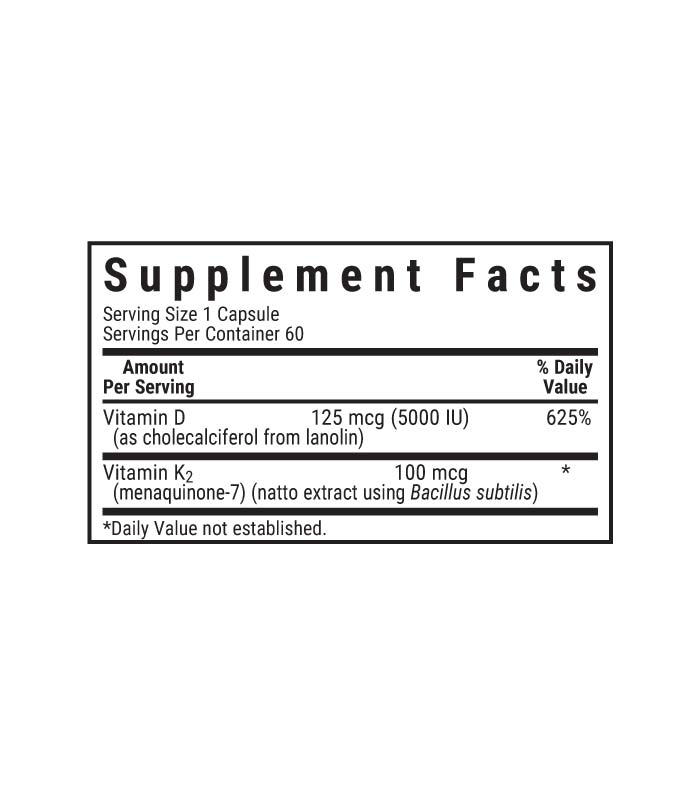 Bluebonnet’s Vitamin D3 & K2 Vegetable Capsules, supplement facts panel