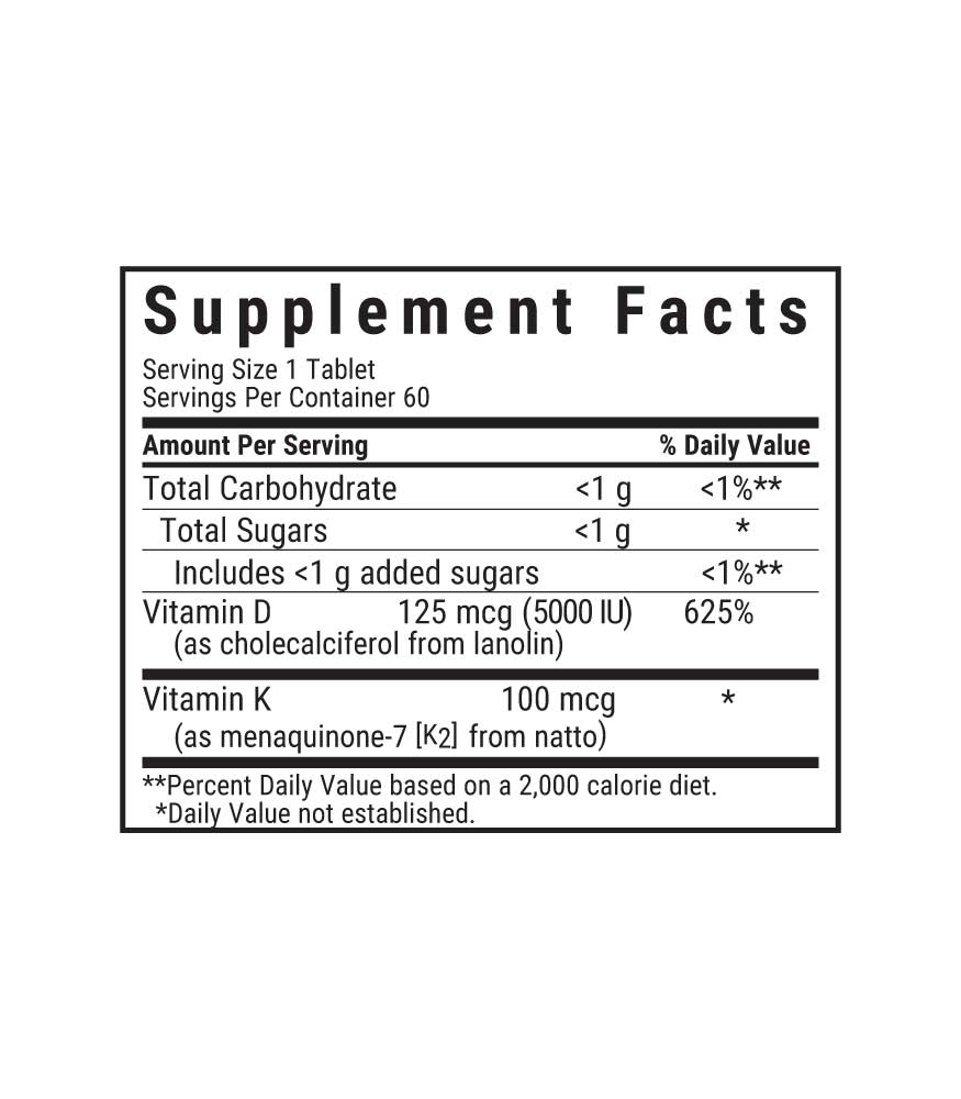 Earthsweet chewables Vitamin D3 125 mcg (5000 IU) and K2 100 mcg raspberry flavored chewable tables, supplement facts panel