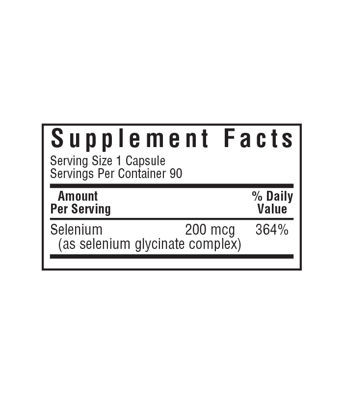 Bluebonnet’s Albion Selenium Glycinate vegetable capsules, supplement facts panel