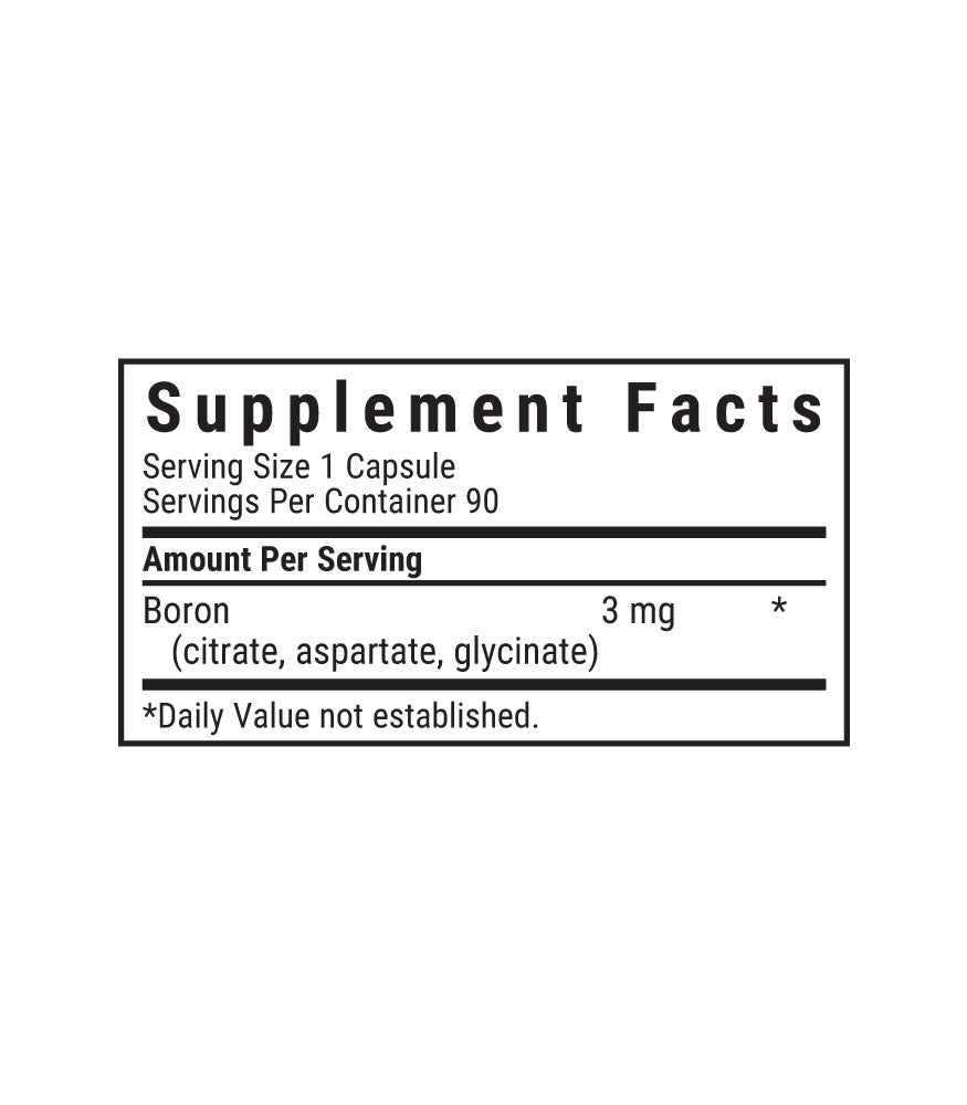 Bluebonnet's Triple Boron 3 mg Vegetable Capsules, supplement facts panel