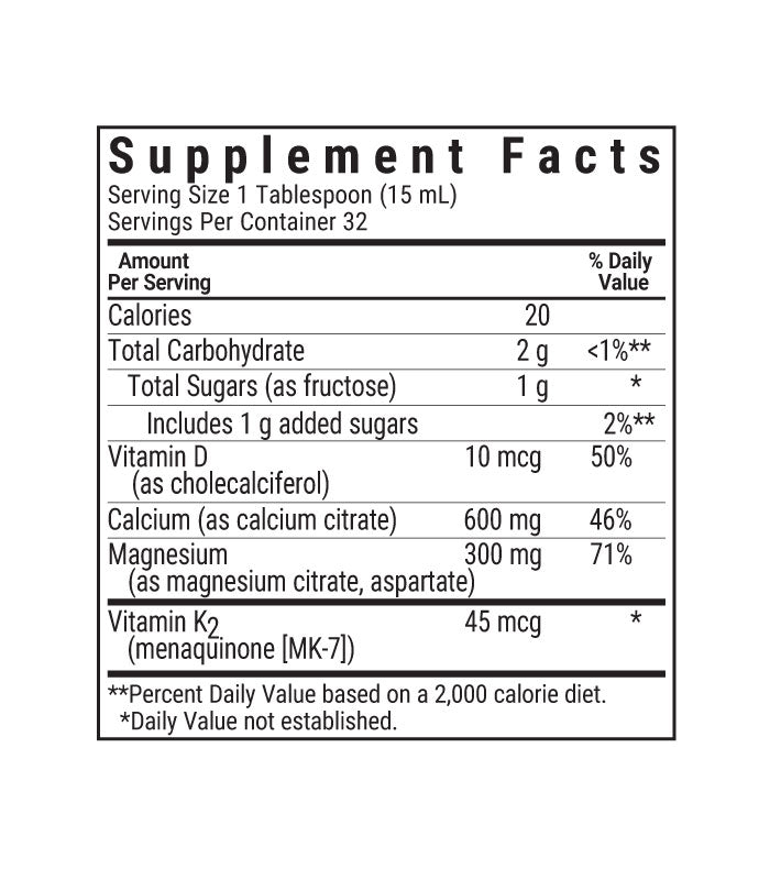 Bluebonnet's Liquid Bone Support with Calcium Magnesium and Vitamins D3 & K2, blueberry flavor, 16 fl oz, supplement facts panel