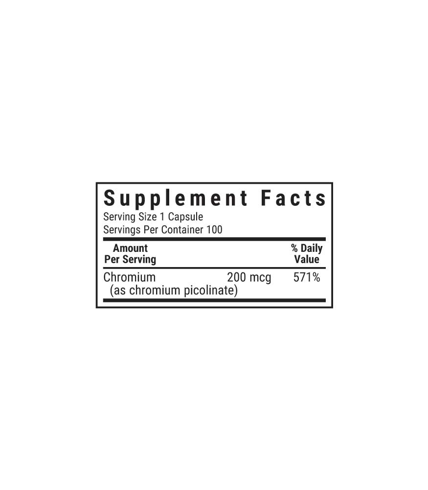 Bluebonnet's Chromium Picolinate 200 mcg Vegetable Capsules, supplement facts panel