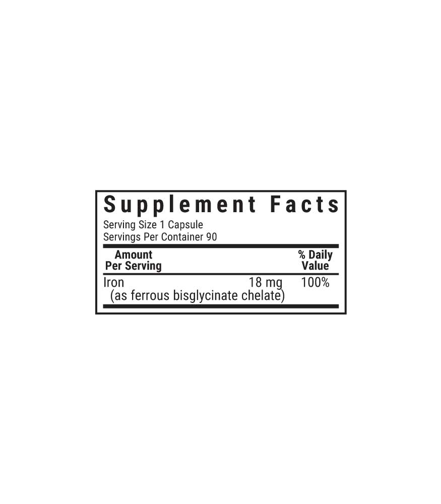 Bluebonnet's Chelated Iron 18 mg Vegetable Capsules, supplement facts panel