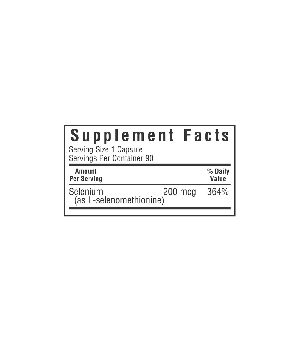 Bluebonnet's Selenium 200 mcg Vegetable Capsules, supplement facts panel