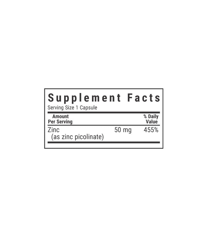 Bluebonnet's Zinc Picolinate 50 mg Vegetable Capsules, supplement facts panel