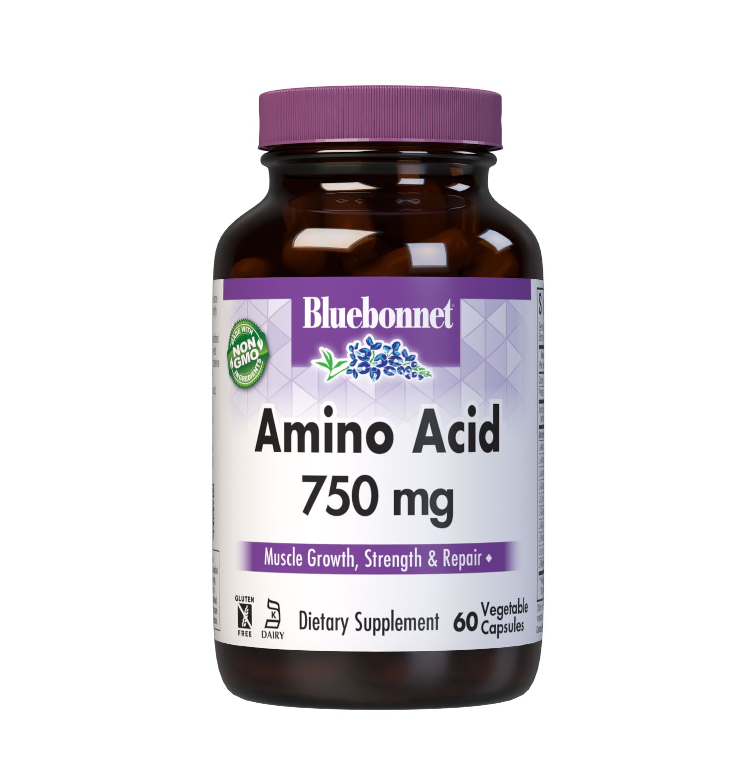 Bluebonnet’s Amino Acid 60 Vegetable Capsules are formulated with amino acids and dipeptide bonded amino acids derived entirely from whey lactalbumin and egg white albumin proteins for muscle growth, strength and repair. #size_60 count