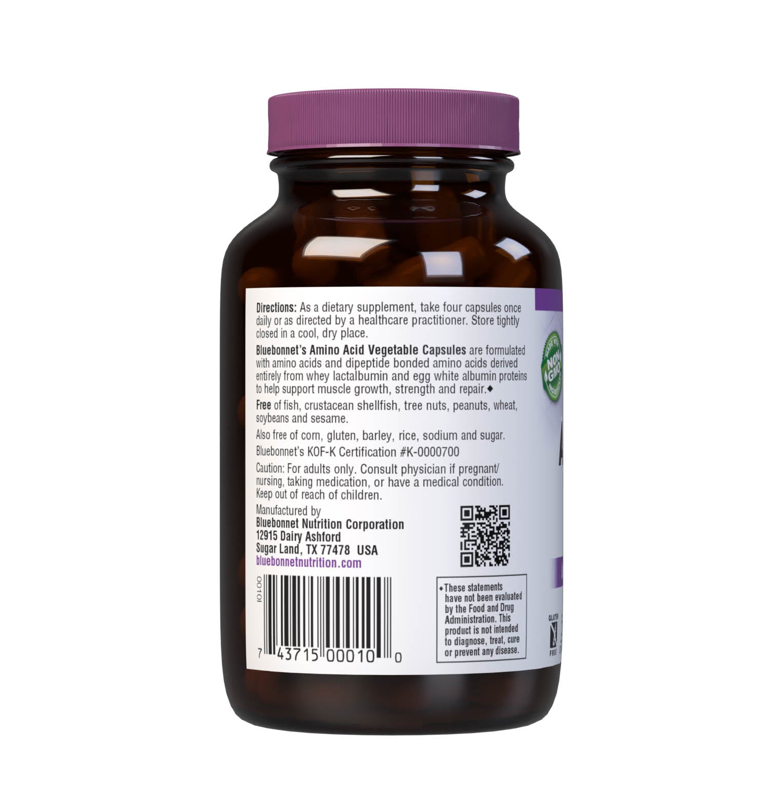 Bluebonnet's Amino Acid 60 Vegetable Capsules contain amino acidsand dipeptide bonded amino acids derived entirely from whey lactalbumin and egg white albumin proteins for muscle growth, strength and repair. description panel. #size_60 count