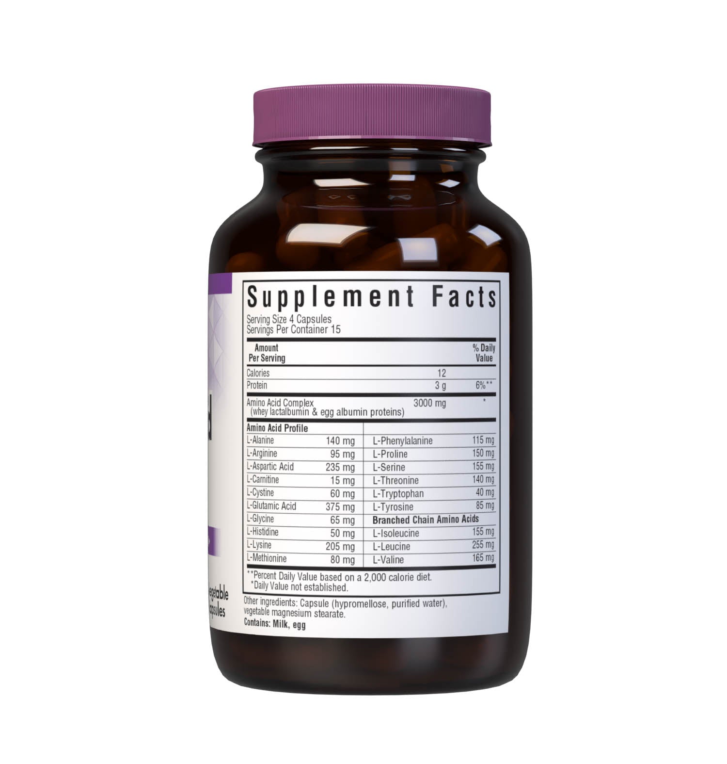 Bluebonnet’s Amino Acid 60 Vegetable Capsules are formulated with amino acids and dipeptide bonded amino acids derived entirely from whey lactalbumin and egg white albumin proteins for muscle growth, strength and repair. supplement facts panel. #size_60 count