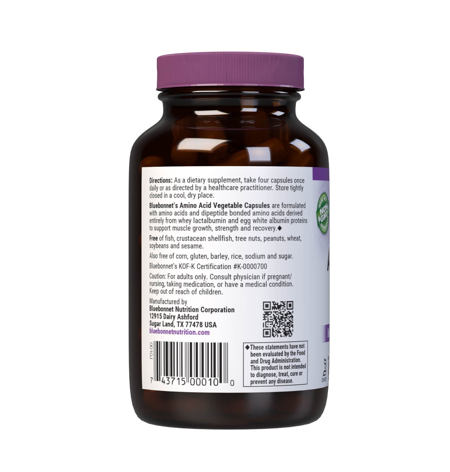Bluebonnet’s Amino Acid 60 Vegetable Capsules are formulated with amino acids and dipeptide bonded amino acids derived entirely from whey lactalbumin and egg white albumin proteins for muscle growth, strength and repair. description panel. #size_60 count