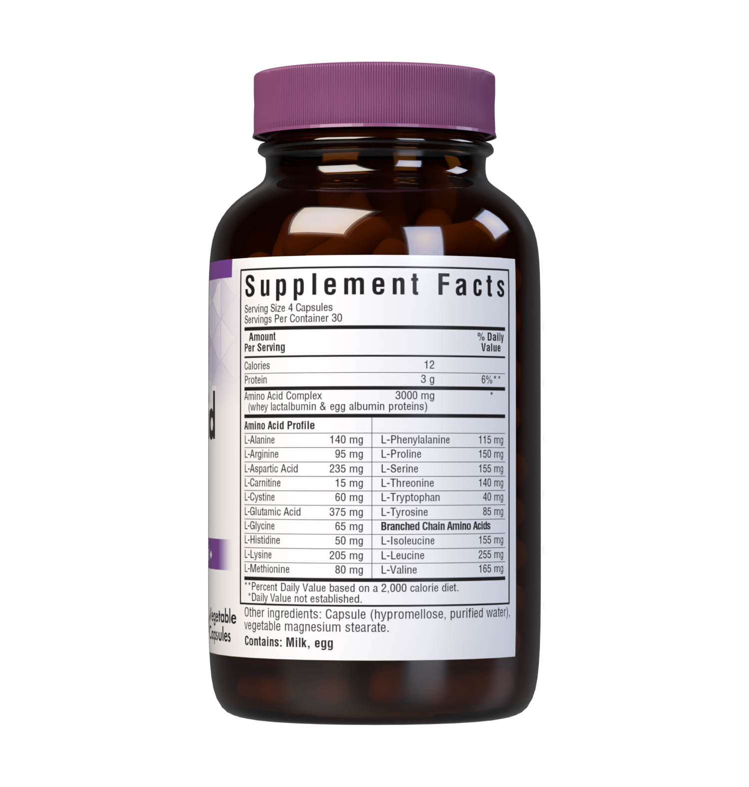 Bluebonnet’s Amino Acid 120 Vegetable Capsules are formulated with amino acids and dipeptide bonded amino acids derived entirely from whey lactalbumin and egg white albumin proteins for muscle growth, strength and repair. supplement facts panel. #size_120 count