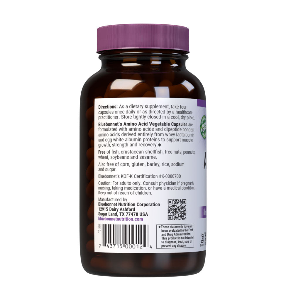 Bluebonnet’s Amino Acid 120 Vegetable Capsules are formulated with amino acids and dipeptide bonded amino acids derived entirely from whey lactalbumin and egg white albumin proteins for muscle growth, strength and repair. description panel. #size_120 count