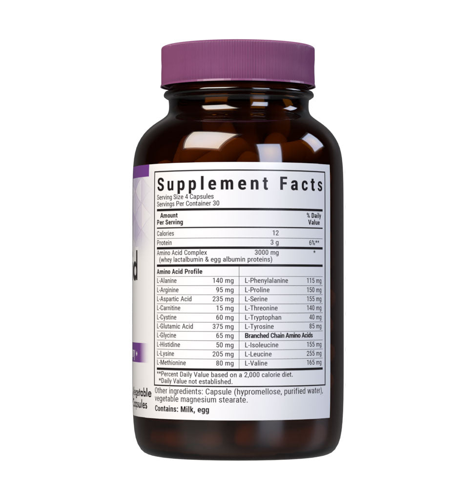 Bluebonnet’s Amino Acid 120 Vegetable Capsules are formulated with amino acids and dipeptide bonded amino acids derived entirely from whey lactalbumin and egg white albumin proteins for muscle growth, strength and repair. supplement facts panel. #size_120 count