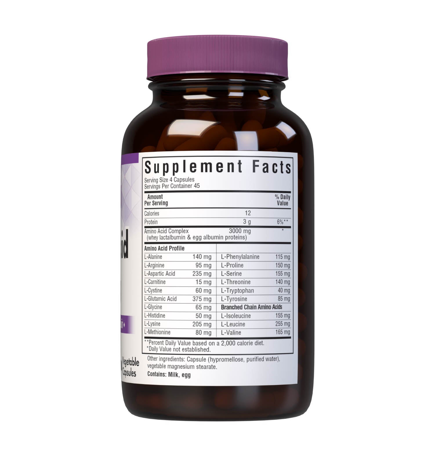 Bluebonnet’s Amino Acid 180 Vegetable Capsules are formulated with amino acids and dipeptide bonded amino acids derived entirely from whey lactalbumin and egg white albumin proteins for muscle growth, strength and repair. supplement facts panel. #size_180 count