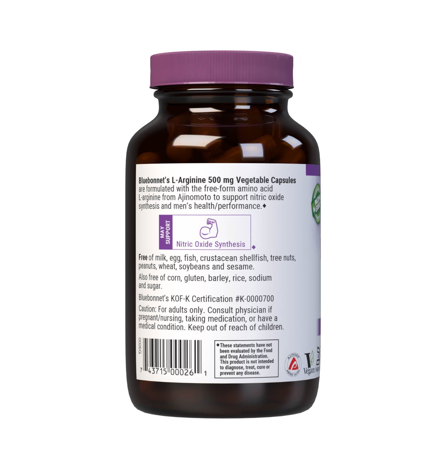 Bluebonnet’s L-Arginine 500 mg 100 vegetable capsules are formulated with the free form amino acid L-arginine in its crystalline form from Ajinomoto which promotes nitric oxide synthesis and men's health. Description panel. #size_100 count