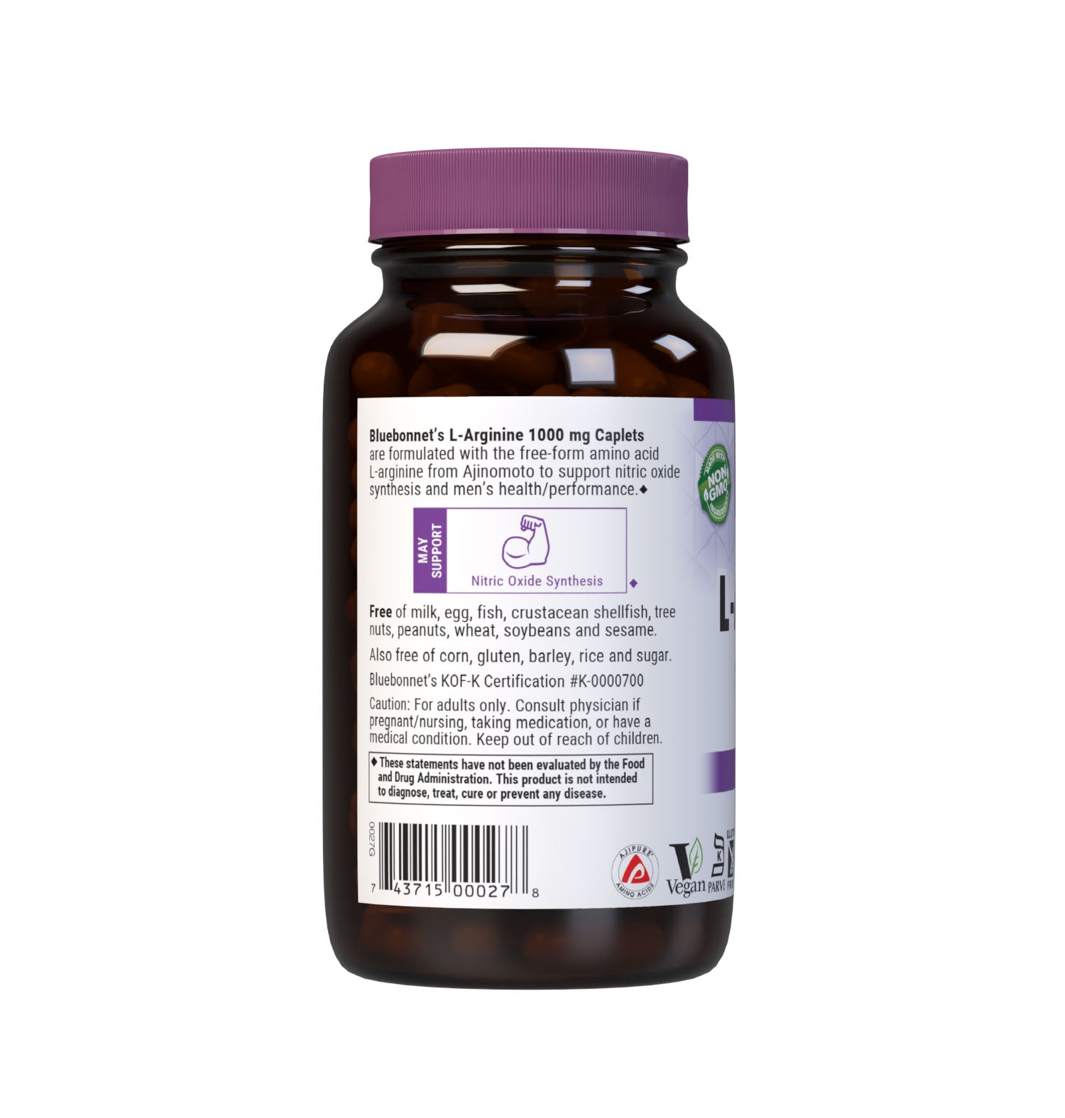 Bluebonnet’s L-Arginine 1000 mg 100 caplets are formulated with the free-form amino acid L-arginine in its crystalline form from Ajinomoto, which supports nitric oxide synthesis and men’s health/performance. Description panel. #size_100 count