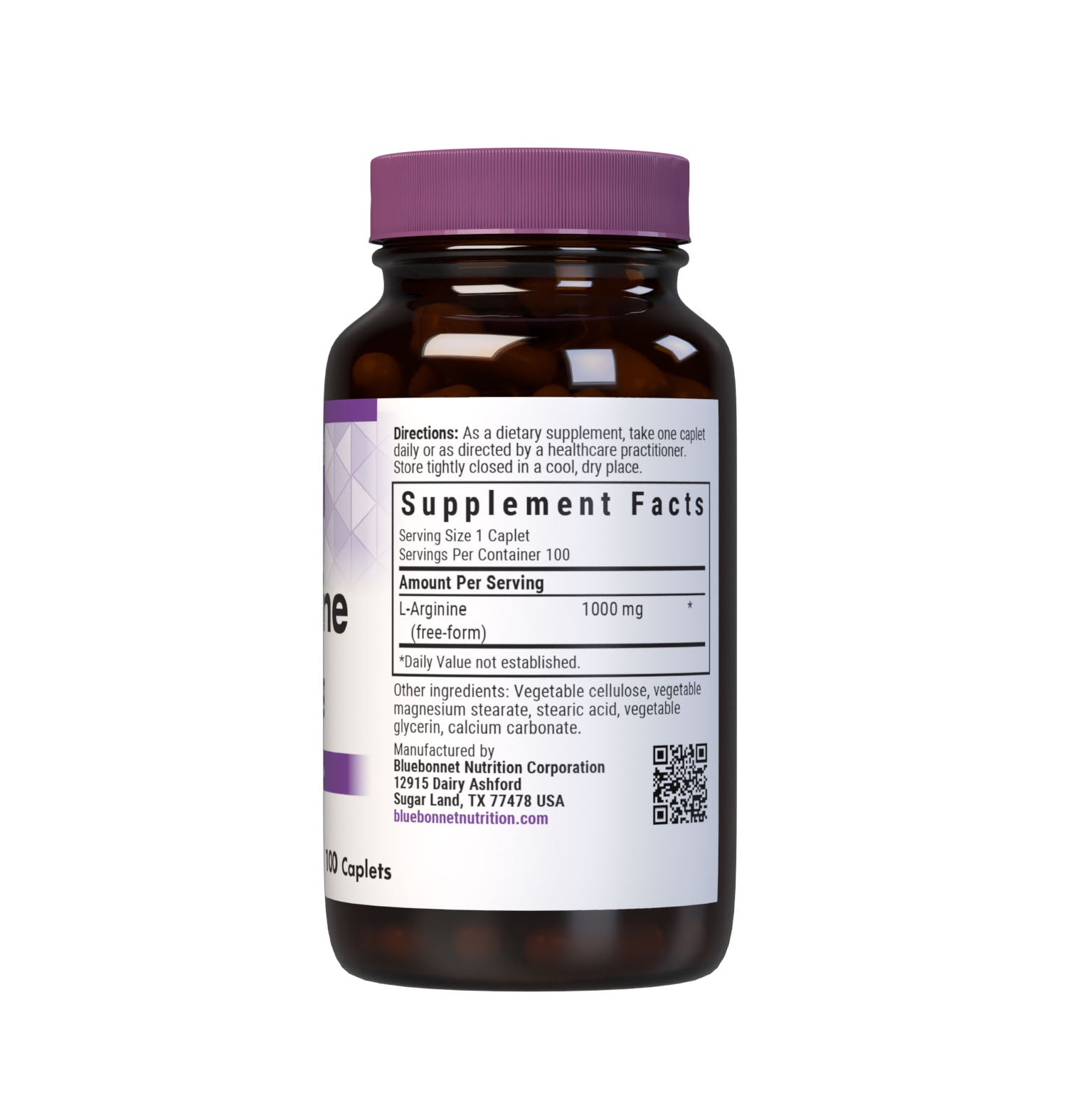Bluebonnet’s L-Arginine 1000 mg 100 caplets are formulated with the free-form amino acid L-arginine in its crystalline form from Ajinomoto, which supports nitric oxide synthesis and men’s health/performance. supplement facts panel. #size_100 count