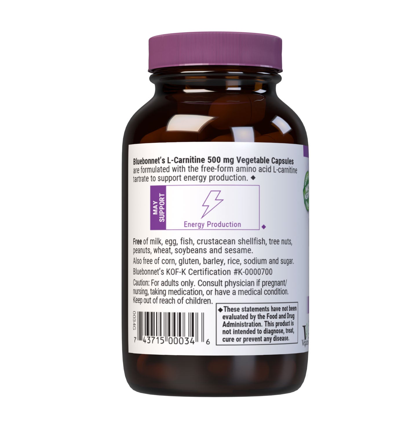 Bluebonnet’s L-Carnitine 500 mg 60 Vegetable Capsules are formulated with the free-form amino acid L-carnitine tartrate in its crystalline form which may support cellular energy. Description panel. #size_60 count