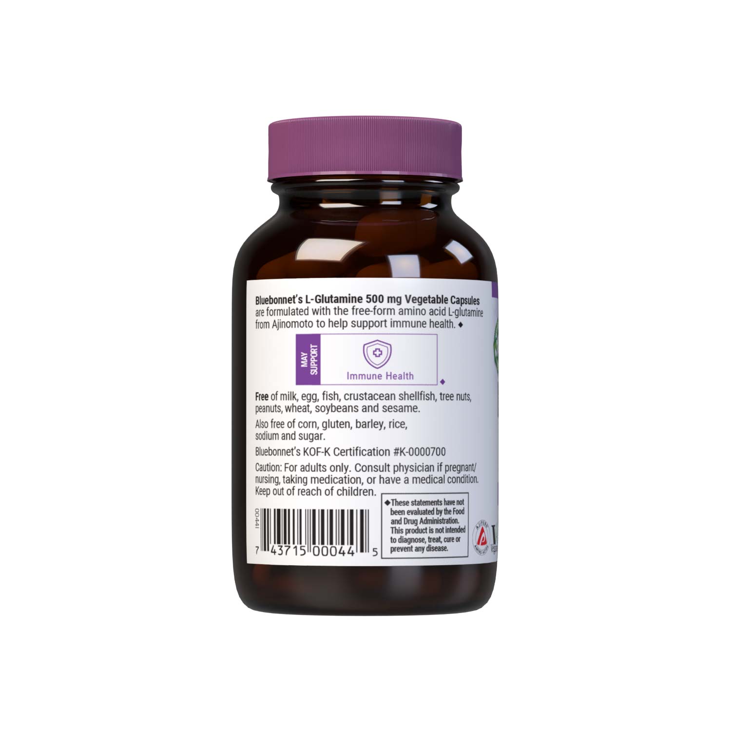 Bluebonnet’s L-Glutamine 500 mg 50 vegetable capsules are formulated with the free-form amino acid L-glutamine in its crystalline form from Ajinomoto to help support immune function. description panel. #size_50 count